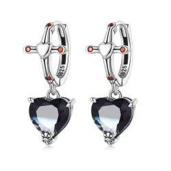 AretesPendientes redondos de plata - cruz - corazón colgante de cristal negro - plata de ley 925