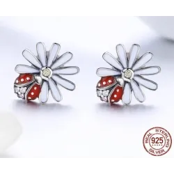 AretesPendientes margarita blanca / mariquita de cristal - plata de ley 925