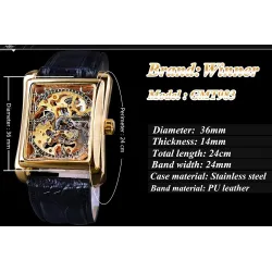 WINNER - rectangular mechanical watch - hollow-out skeleton design - leather strapWatches