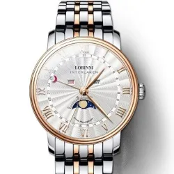 RelojesLOBINNI - reloj de cuarzo de lujo - fase lunar - resistente al agua - acero inoxidable - oro / blanco