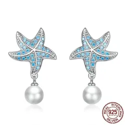 Blue zircon starfish earrings - with pearl - 925 sterling silverEarrings