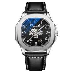 RelojesCHENXI - reloj mecánico automático de cuarzo - resistente al agua - diseño de esqueleto - plateado / negro