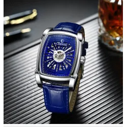CHENXI - automatic square watch - hollow-carved design - leather strap - silver / blueWatches