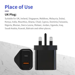 CargadoresCargador de pared - enchufe del Reino Unido - puertos duales tipo C / USB - PD - carga rápida - 20W