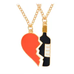 CollarCorazón rojo roto / empalme de botella de vino - collar dorado - 2 piezas