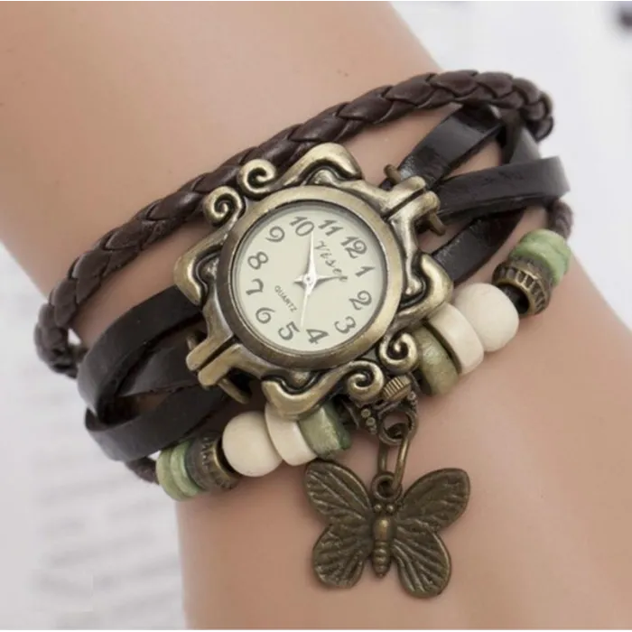 Vintage multi layer bracelet - with Quartz watch - beads / butterflyBracelets