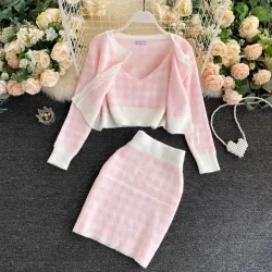 VestidosConjunto de cuadros de punto - falda - chaleco - cárdigan
