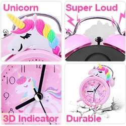 RelojesDespertador con doble campana - reloj con retroiluminación - unicornio / dinosaurio / astronauta