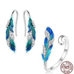 AretesConjunto de bisutería elegante - pendientes - anillo - pluma azul verdosa con cristales - plata de ley 925