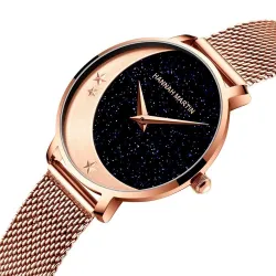 RelojesElegante reloj de cuarzo - correa de malla de acero inoxidable - luna / estrellas