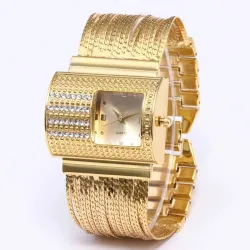RelojesLujoso reloj de cuarzo con cristales - pulsera ancha de oro
