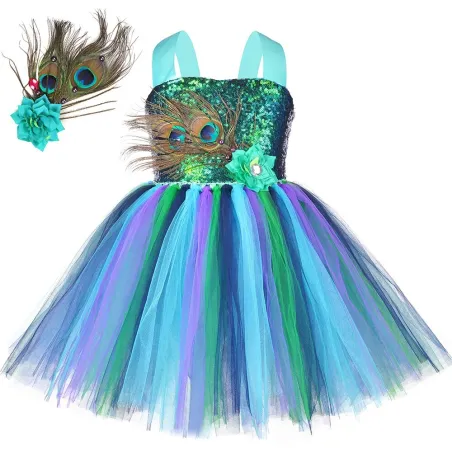 DisfracesDisfraz de pavo real - vestido con plumas / flores