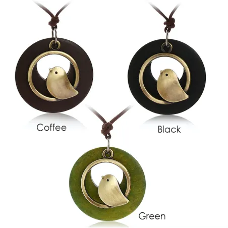 CollarColgante de madera con pájaro - collar de cuerda