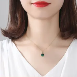 Gold plated necklace - with round green malachite pendant - 925 sterling silverNecklaces