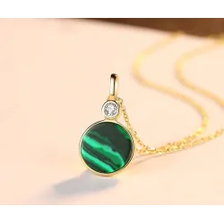 Gold plated necklace - with round green malachite pendant - 925 sterling silverNecklaces