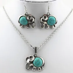 Conjuntos de joyasantiguo juego de joyas de color plata - elefante colgante collar de cuentas azules - gota pendientes declar...