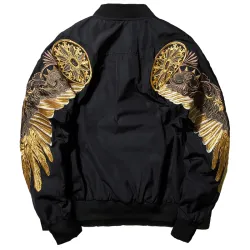 ChaquetasChaqueta de bombardero negro con alas doradas bordas