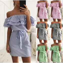 Off shoulders strapless striped ruffles mini dressDresses