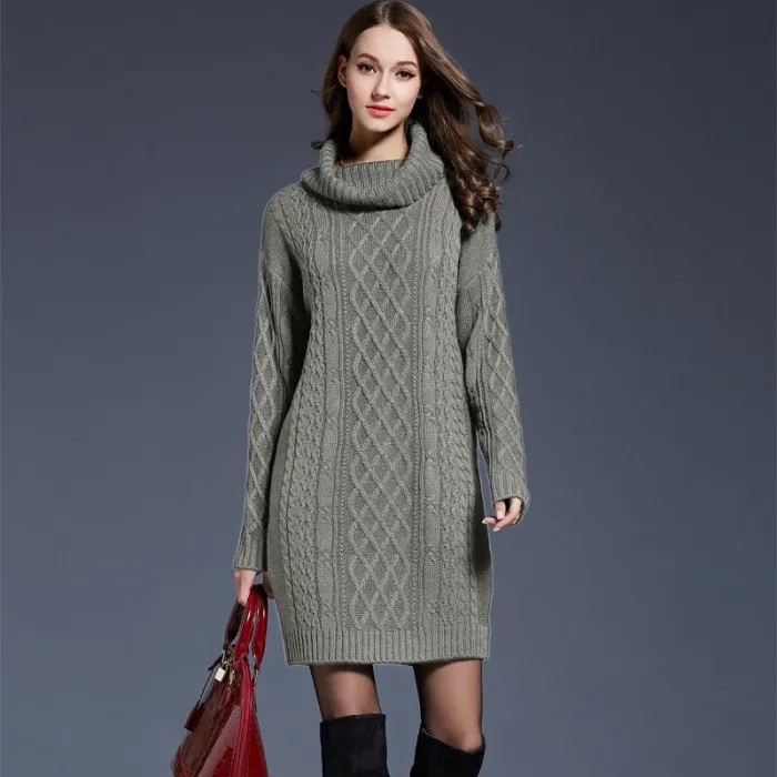 Long knitted sweater with turtleneck - winter dressPlus