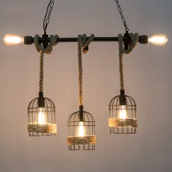 ApliquesLámpara colgante de hierro retro con cuerda de punto a mano - luces en jaula